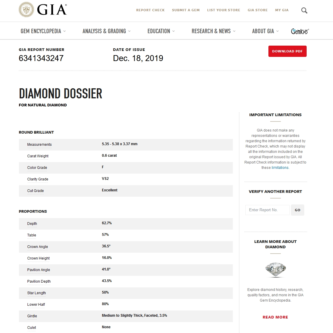 GIA Certified Natural Diamond Kt. 0,60 Color F Clarity VS2