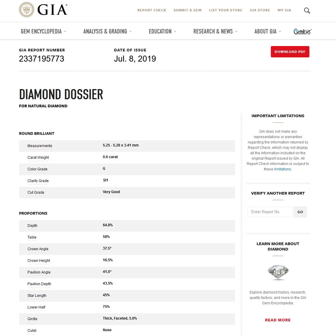 GIA Certified Natural Diamond Kt. 0,60 Color G Clarity SI1