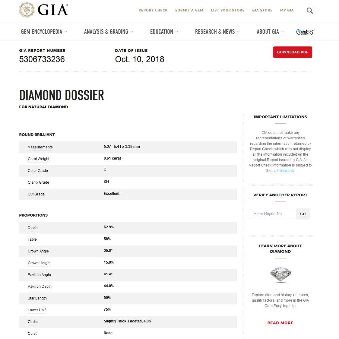 GIA Certified Natural Diamond Kt. 0,61 Color G Clarity SI1
