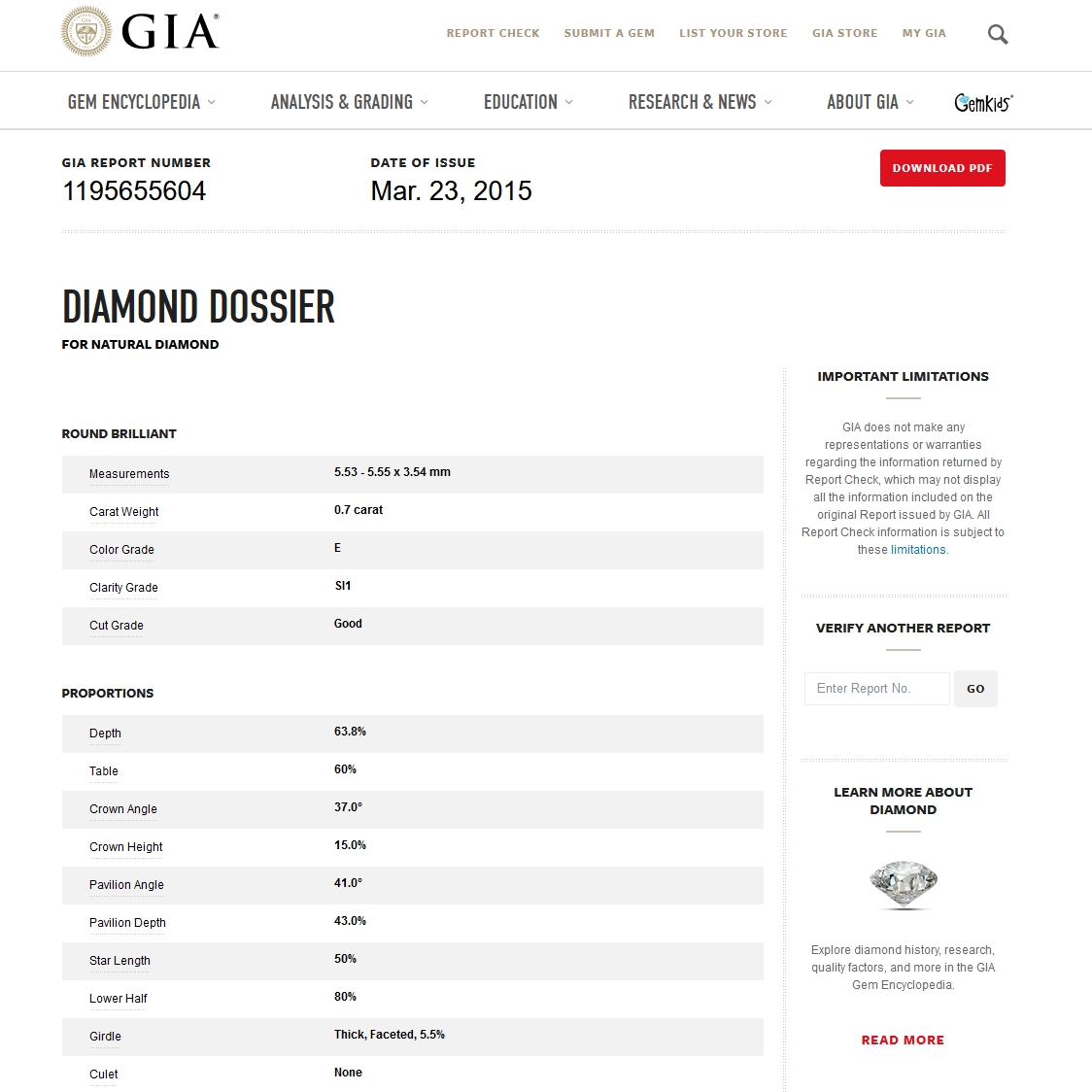 GIA Certified Natural Diamond Kt. 0,70 Color E Clarity SI1