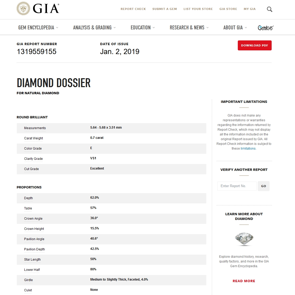 GIA Certified Natural Diamond Kt. 0,70 Color E Clarity VS1