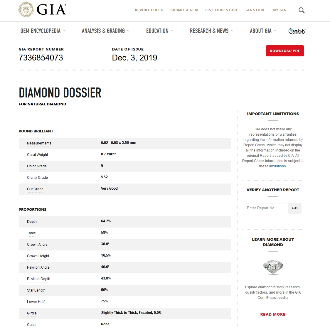 GIA Certified Natural Diamond Kt. 0,70 Color G Clarity VS2