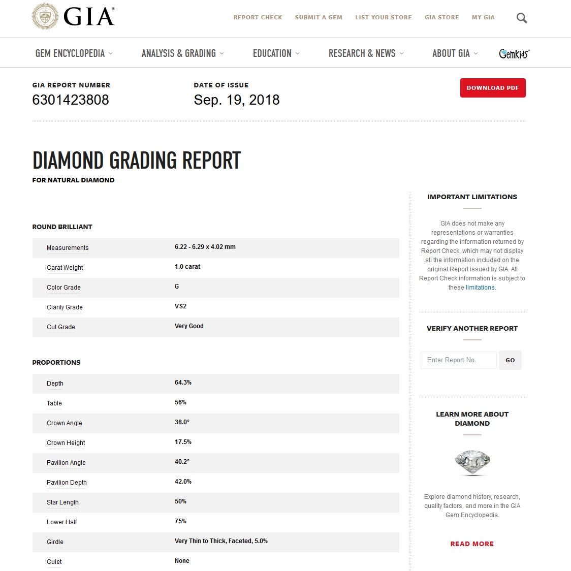 GIA Certified Natural Diamond Kt. 1,00 Color G Clarity VS2