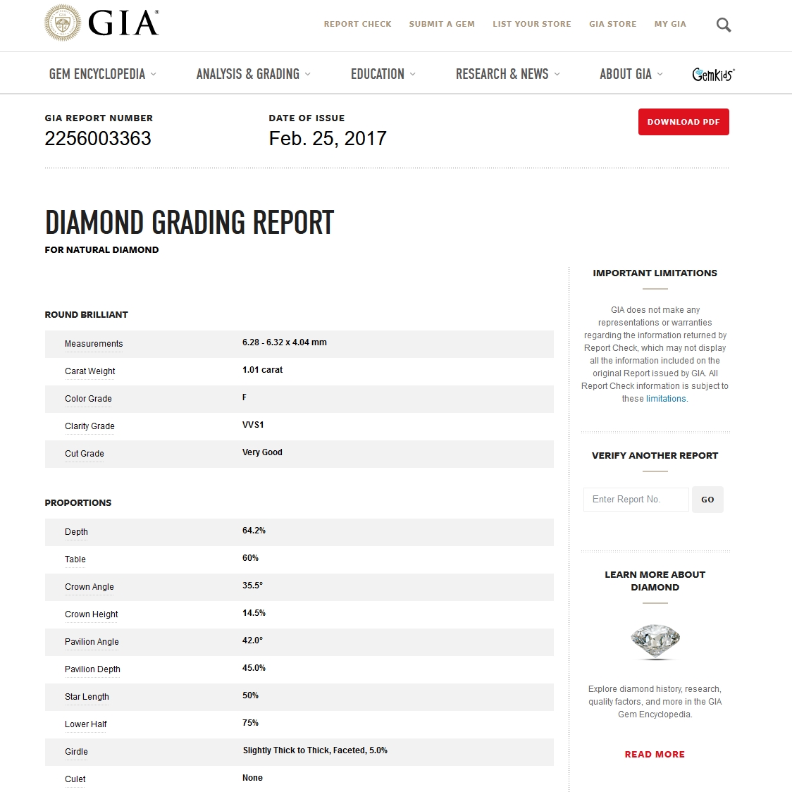 GIA Certified Natural Diamond Kt. 1,01 Color F Clarity VVS1