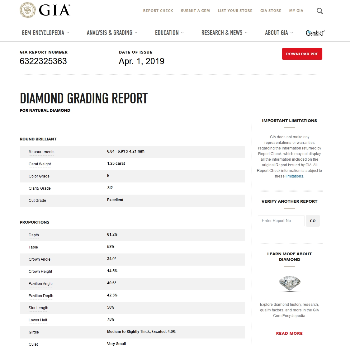 Diamante Naturale Certificato GIA Kt. 1,25 Colore E Purezza SI2