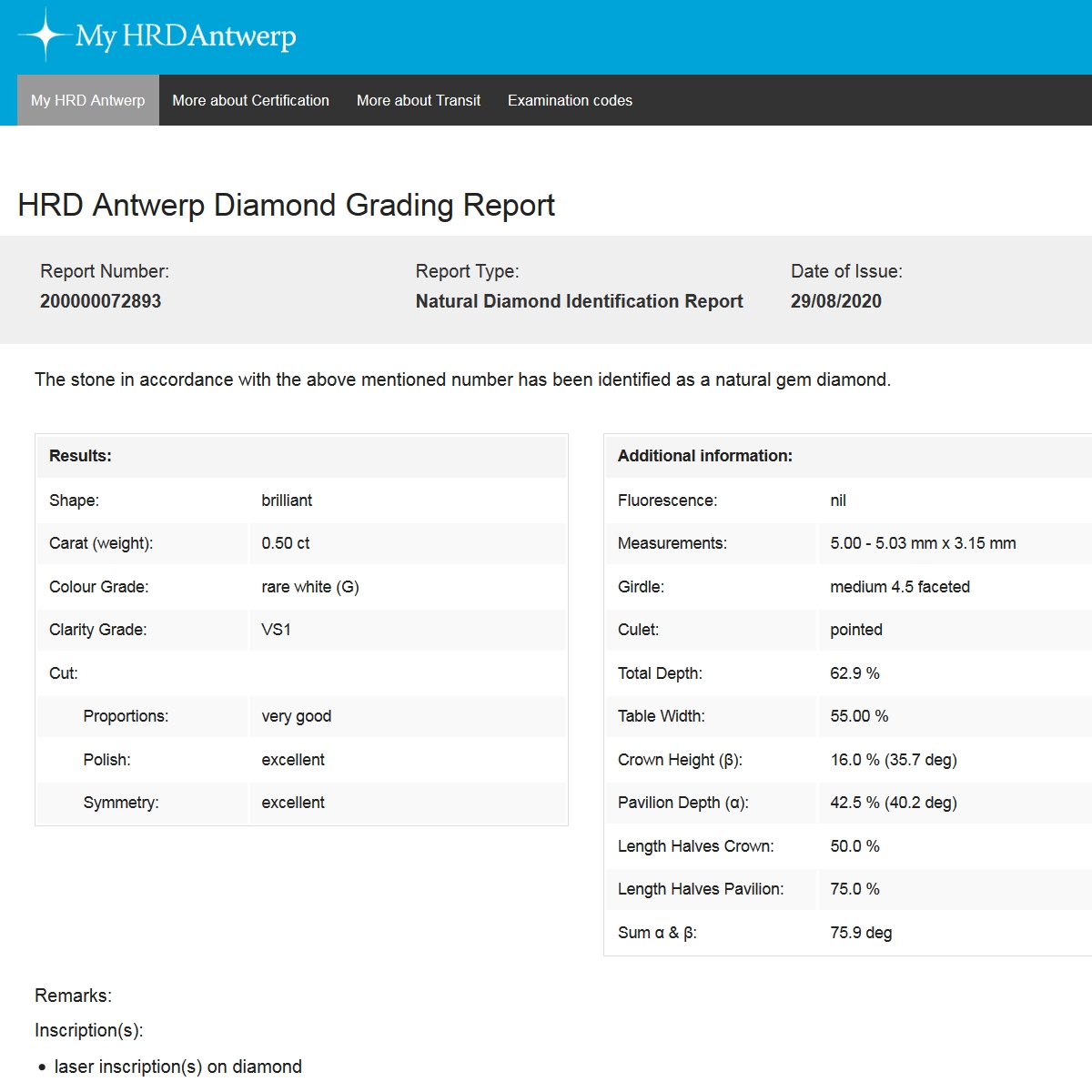 Diamante Naturale Certificato HRD Kt. 0,50 Colore G Purezza VS1