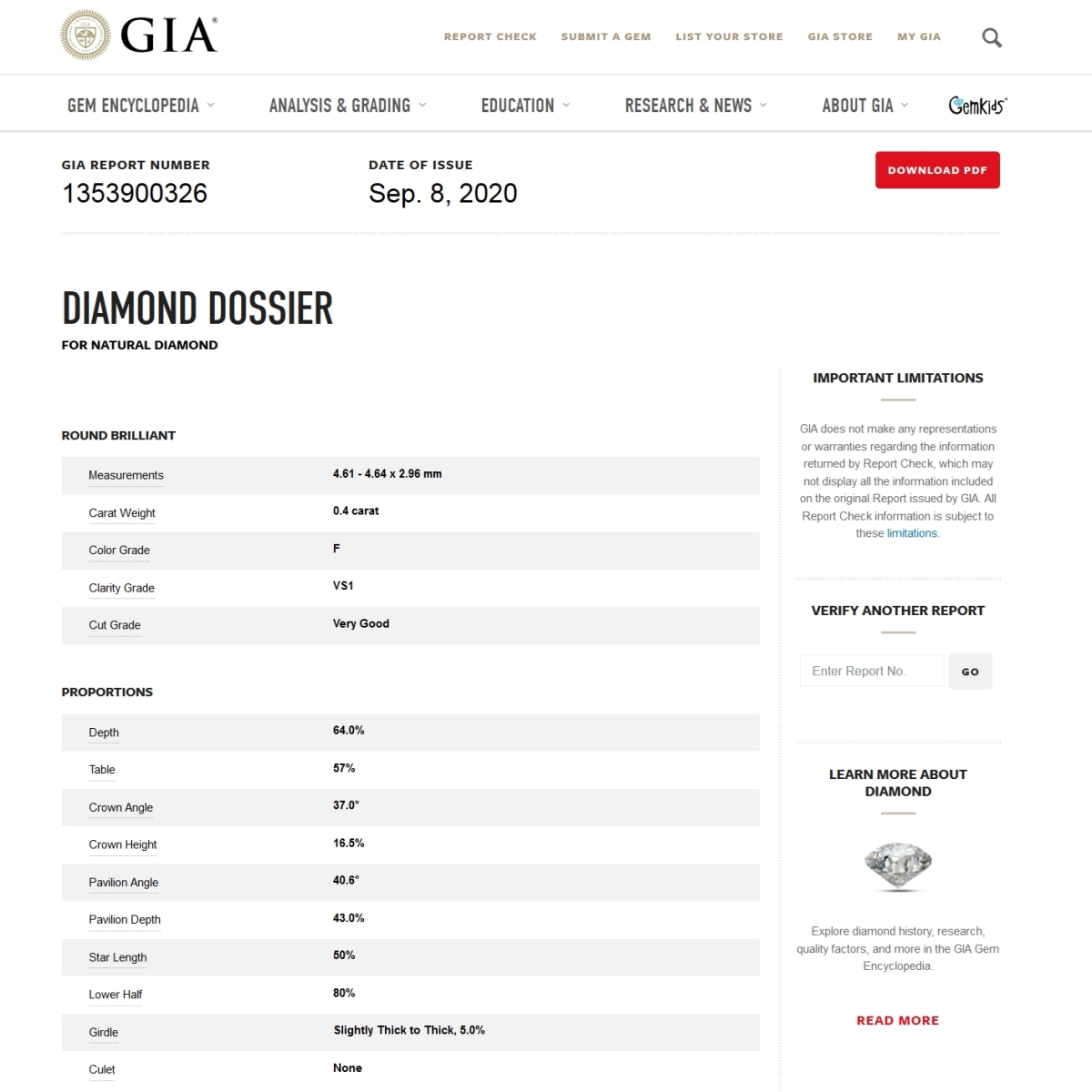 GIA Certified Natural Diamond Kt. 0,40 Color F Clarity VS1