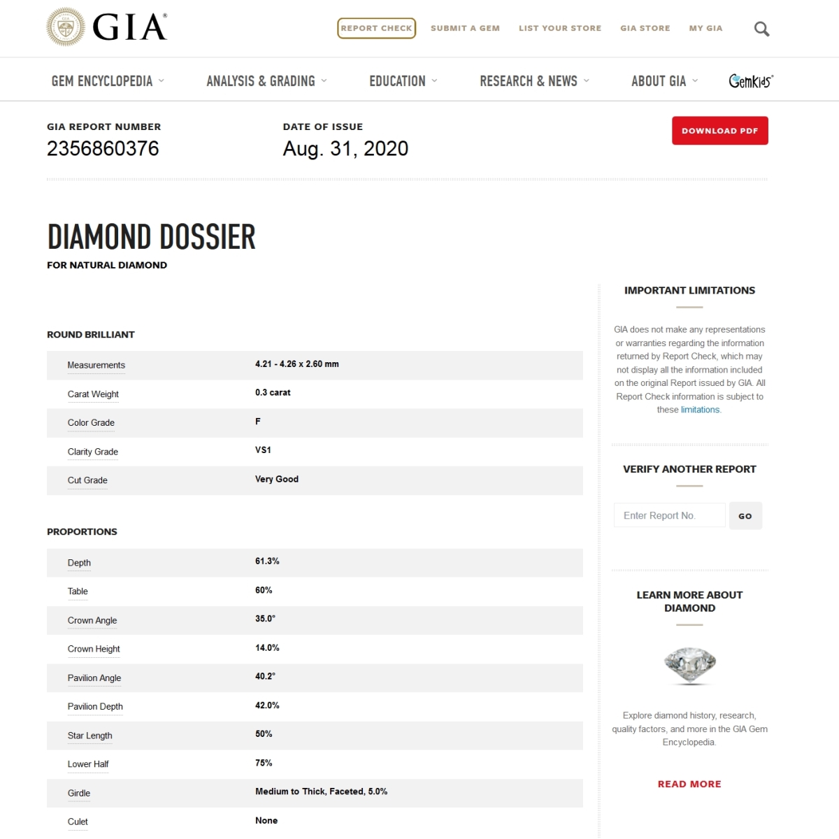 Diamante Naturale Certificato GIA Kt. 0,30 Colore F Purezza VS1