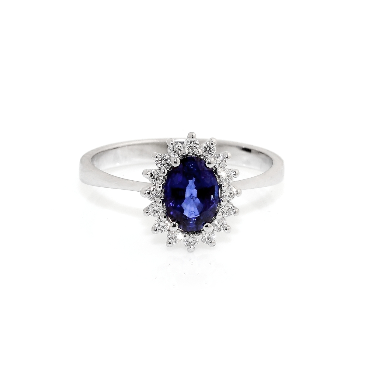18 kt White Gold Ring with Kt. 1,00 Sapphire and Kt. 0,20 Natural Diamonds